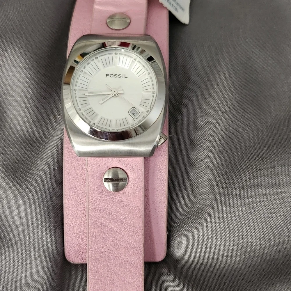 Fossil Womens Pink Leather Cuff Watch White Dial Date Stainless Steel JR-9154